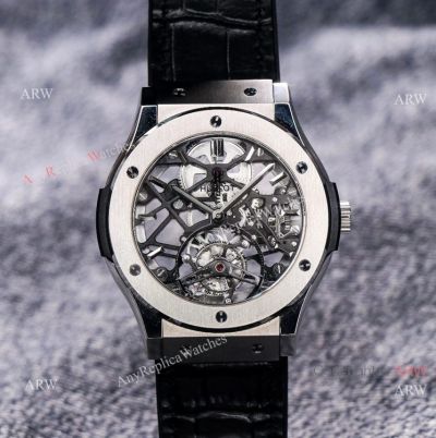Silver Hublot Skeleton Tourbillon Clone Watch Hublot Classic Fusion 42mm Watch 